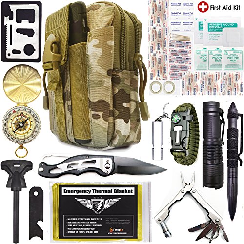 Everlit Emergency Survival Kit 40-In-1 Molle Pouch, Tactical Outdoor Gears, First Aid Supply, Survival Bracelet, Emergency Blanket, Tactical Pen, Fire Starter, Plier, for Camping, Hiking, Hunting, Adventure