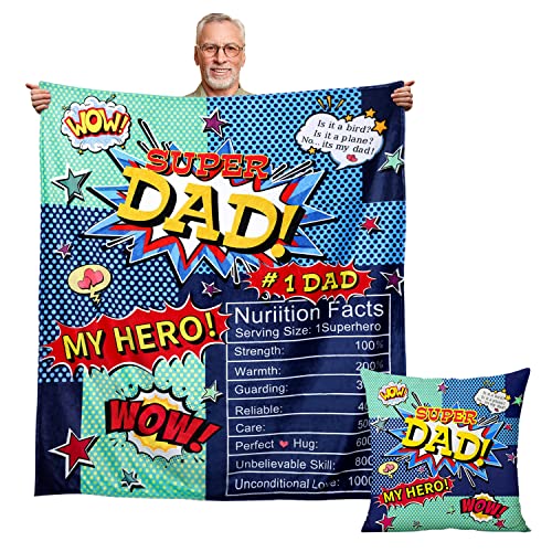 Nosovlra My Hero Super Dad Blanket 50x60 Inches, Thanksgiving/Christmas/Birthday for Dad from Daughter or Son, Soft Flannel Throw with Pillow Covers