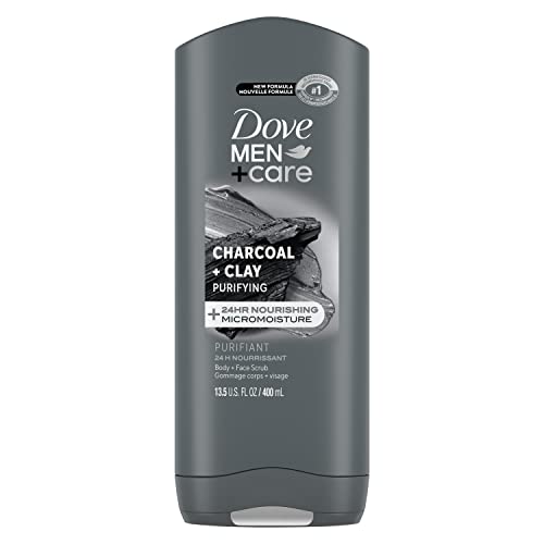 DOVE MEN + CARE Purifying Charcoal + Clay Body and Face Wash with 24-Hour Nourishing Micromoisture Technology Body Wash for Men, 13.5 oz