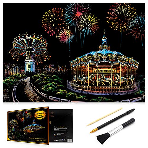Scratch Art Rainbow Painting Paper, Sketch Pad DIY Night View Scratchboard for Kids & Adults, Engraving Art & Craft Set, Scratch Painting Creative Gift, 16'' x 11.2'' with 3 Tools (Amusement Park)