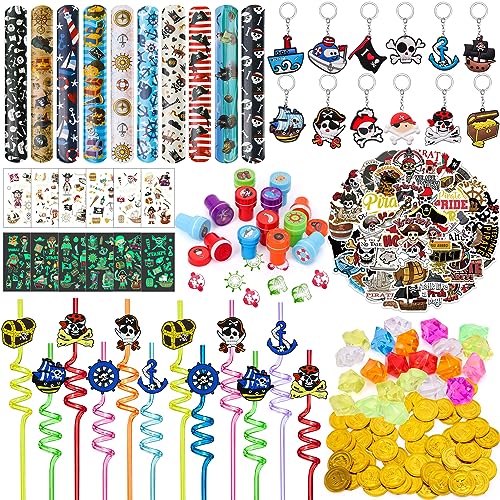 KELENO 180 Pirate Party Favors Birthday Supplies Straw Gold Coin Gems Sticker Stamp Keychain Slap Bracelet Toy Gift Boy Girl Kid Goodie Bag Stuffer Carnival Prize Decorations Pirate Party Supplies