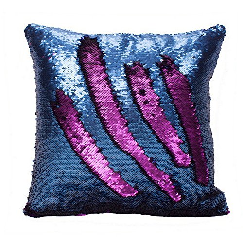 Fengheshun 16 Inches Reversible Sequins Cushion Cover Throw Pillow Case Color Changing Pillowcase,Suitable for Decorating Sofa, Bed, car, etc (Dark Blue+Purple), Great Gift for Kids