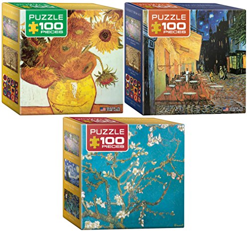 EuroGraphics Vincent Van Gogh Fine Art Jigsaw Puzzle Set: Three 100 Piece Puzzles for Adults - Vincent Van Gogh 12 Sunflowers, Cafe Terrace at Night and Almond Blossom