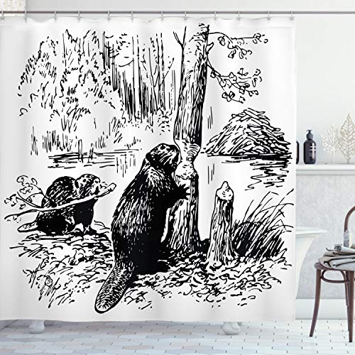 Ambesonne Africa Shower Curtain, Eurasian Beaver Furry Aquatic Mammal by The Creek in Forest Hand Drawn Style Image, Cloth Fabric Bathroom Decor Set with Hooks, 69' W x 70' L, Black White