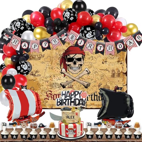 124 PCs Pirate Party Decorations, Hombae Pirate Themed Halloween Party Supplies Backdrop Balloon Garland Arch Banner Cake Cupcake Topper Black Pirate Ship Treasure Chest White Red Black