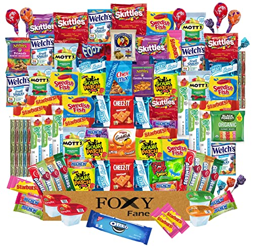 Foxy Fane 100-Count Snack Box – Unbox 100 Delicious Snacks! Cheerful Variety of Crackers, Cookies, Candy & Chips – Perfect Holiday Gift for Kids & Teens for Thanksgiving, Christmas & New Year’s