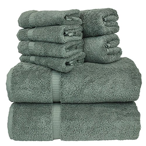 Chakir Turkish Linens Dobby Border Luxury Hotel & Spa Turkish Cotton Bundle Total 8-Piece Set, 2 Bath 27'X54', 2 Hand Towel 16'X30', 4 Washcloth 13'x13', Set of 8 (Gray)