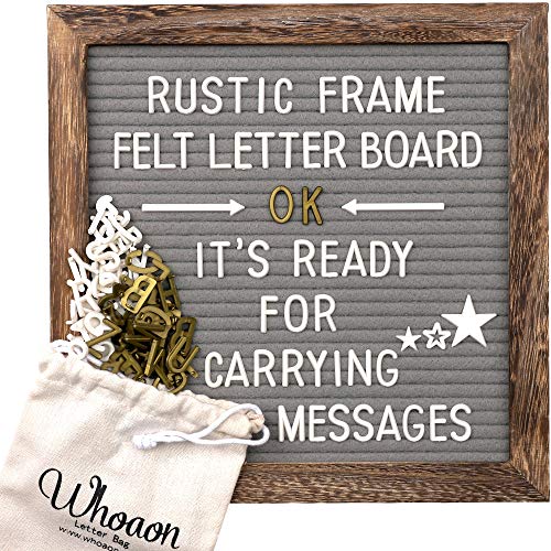 Rustic Wood Frame Gray Felt Letter Board 10x10 inches. Precut White & Gold Letters, Script Cursive Words, Letter Bags, Trimming Scissors, Rustic Wood Stand. Grey Felt Message Board. by whoaon