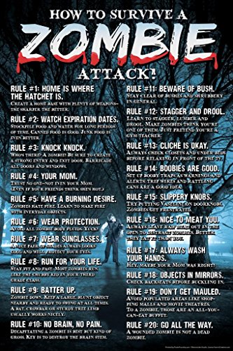 How To Survive A Zombie Attack Rules Guide Horror Movie Spooky Scary Halloween Decorations Cool Wall Art Print Poster 16x24