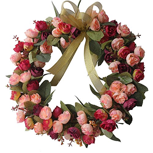 CHICHIC 13.8 Inch Rose Wreath Artificial Flower Blossom Garland, Floral Wreaths Flowers Arrangements, Spring Decor Home Office Wall Wedding Decoration Year Round Display, Red and Pink