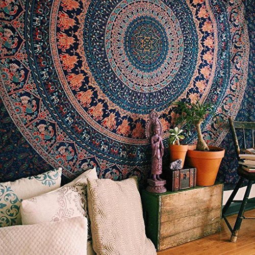 Craft N Craft India Wall Tapestry - Hanging Mandala Tapestries – Bohemian Beach Picnic Blanket – Hippie Decorative & Psychedelic Dorm Decor - 92 x 82 Inch (Queen)