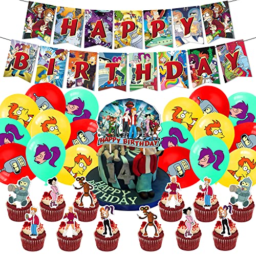 Futurama Birthday Party Decoration, Include Philip J. Fry Birthday Banner, Latex Balloons, Cake Topper for Futurama Theme Fans, Kids Fans Birthday Party Supplies