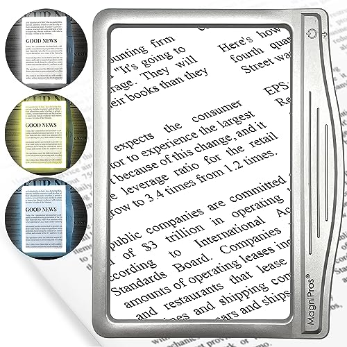 MAGNIPROS 5X Large LED Page Magnifier for Reading with 3 Color Lighting Modes & Anti-Glare Lens to Reduce Eye Strain-Perfect for Small Prints, Aging Eyes, Stocking Stuffer for Low Vision and Seniors