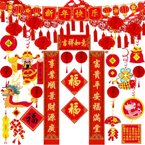 Winlyn Bulk Chinese New Year Party Decorations Oriental Hanging Red Lanterns Lucky Garland Party Swirls New Year Banner Honeycomb Balls for Asian Lunar New Year Dragon Year Festival Wedding 2024 Decor