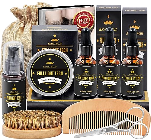 FULLLIGHT TECH Beard Kit for Men Grooming & Care W/Beard Wash,3 Packs Beard Oil,Beard Balm Comb,Brush Scissors,Beard Care Gifts for Men Him Husband