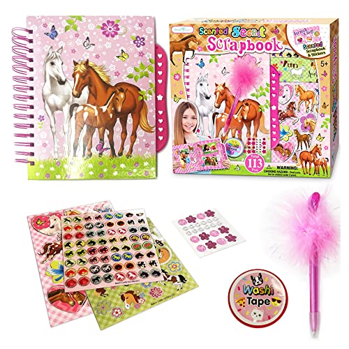 Horse Scrapbook Kit for Girls | Equestrian DIY Scrapbooking Kit for Little Girl and Tween Gifts | 114 Piece Scrapbook and Stationary Supplies Kit with Stickers, Jewels, Washi Tape, and Passcode Lock