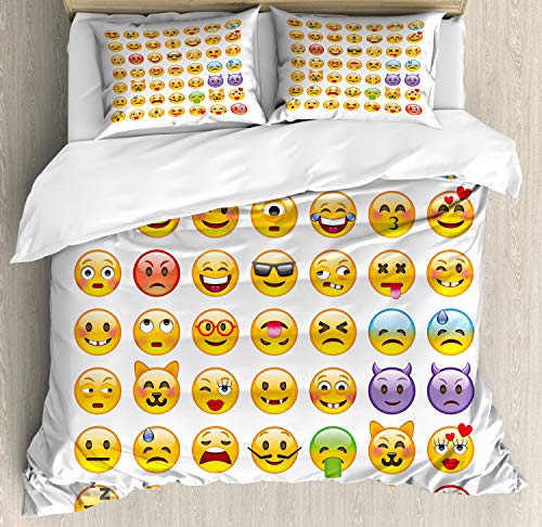 Ambesonne Humor Duvet Cover Set, Many Emoticons Various Expressions Alien Vomiting Beaten up in Love Vampire, Decorative 3 Piece Bedding Set with 2 Pillow Shams, King Size, Yellow