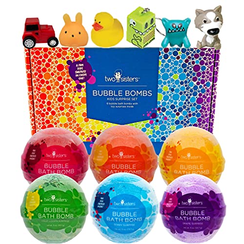 Kids Bath Bombs with Surprise Toys Inside (6 Pack) - Releases Color & Bubbles, Won’t Stain Tub, Moisturizing, USA Made, Birthday Gift for Kids - Large Bath Bomb for Girls & Boys by Two Sisters