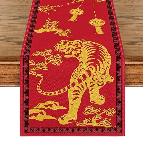 Artoid Mode Chinese Zodiac Tiger 2024 New Year Table Runner, Spring Festival Winter Holiday Kitchen Dining Table Decoration for Indoor Outdoor Home Party Decor 13 x 72 Inch