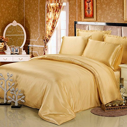 LilySilk 4Pcs Gold Silk Bedding Sheets Flat Sheet Fitted Sheet Oxford Pillowcases Set 19 Momme Silk Queen, Seamless