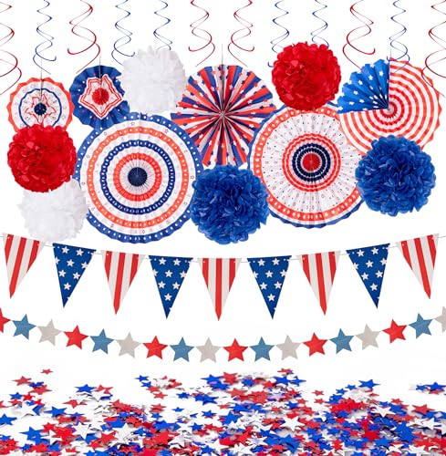 29PCS 4th/Fourth of July Patriotic Decorations Set - Red White Blue Paper Fans,USA Flag Pennant,Star Streamer,Pom Poms,Hanging Swirls Party Decor Supplies