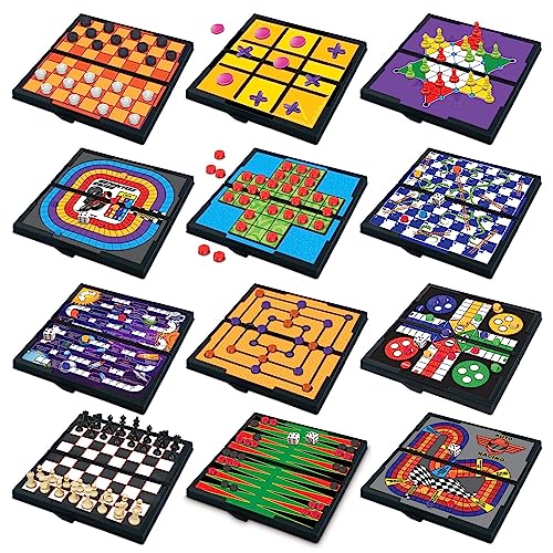 Gamie Small Magnetic Board Travel Game Set - includes 12 Retro Fun Games - 5 Inch Compact Design - Individually Boxed - Teaches Strategy and Focus - Road Trip, Travel, Camping for Kids 6+