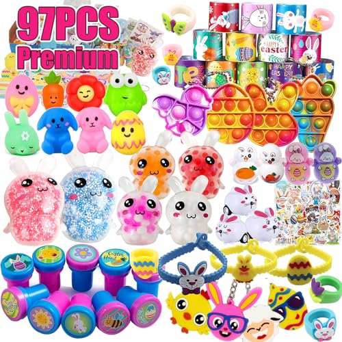 97 PCS Premium Easter Party Favors Assortment Toys for Kids,Easter Basket Stuffers, Easter Eggs Fillers Gifts, Easter Eggs Hunt, Pinata Filler Goodie Bags Stuffers Classroom Prizes Treasure Box Toys