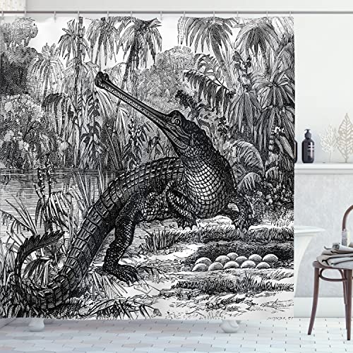 Ambesonne Vintage Shower Curtain, Old Fashion Sketch of a Crocodile in Forest Wildlife Nature Woods Fossil Picture, Cloth Fabric Bathroom Decor Set with Hooks, 69' W x 70' L, Charcoal Grey