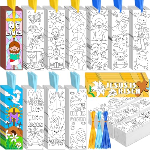 Jetec 240 Pcs He is Risen Color Your Own Bookmarks for Kids Easter Bookmarks Bulk Christian Easter DIY Coloring Blank Bookmark Easter Crafts for Kids Religious for Christian Readers Religious Easter