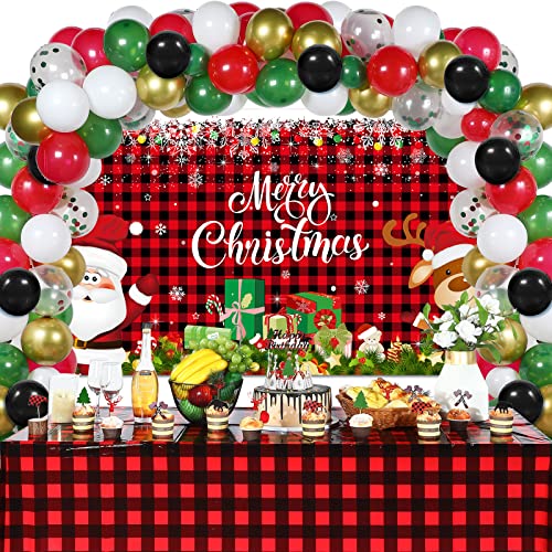 Christmas Party Decorations Set includes Christmas Santa Claus Snowflakes Backdrop Table Covers Multi Color Balloons Foil Santa Claus and Deer Balloons for Xmas Party Supplies Favors (Plaid Style)