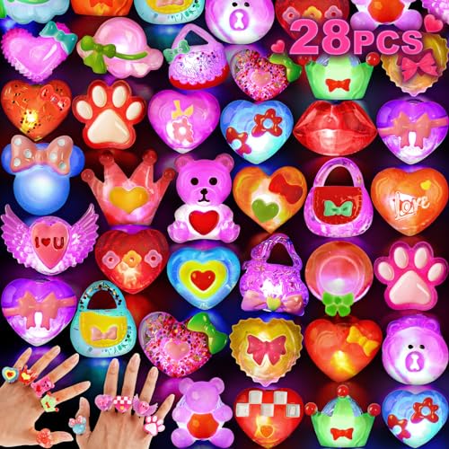 28pcs Valentines Light Up Rings Led Party Favor Rings, Valentines Day Gifts for Kids Classroom Exchange Prize Gifts Led Flashing Rings Great for Party Birthday Gifts Valentines Day Bulk Light Up Toy