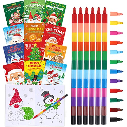 Funrous 24 Pcs Christmas Coloring Book for Kids Bulk with 24 Crayons, Christmas Activity Books with Marker Xmas Stocking Goodie Bag Stuffers for Holiday Students Classroom Gifts Party Favors (Vivid)