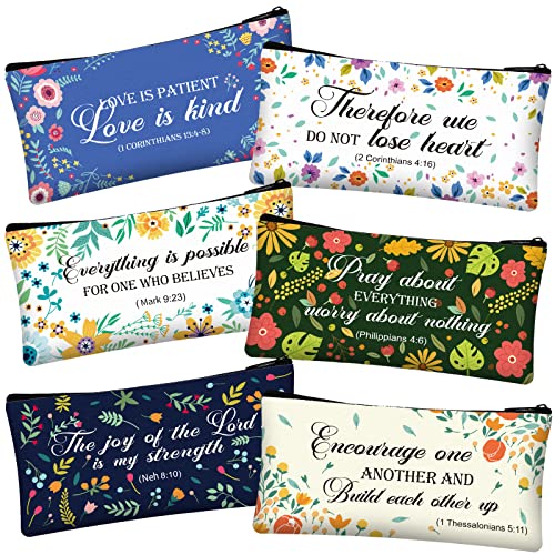 Zonon Bible Verse Pencil Pouch Faith Journals for Women, Rustic Floral Patterned Inspirational Quote Bible Pencil Case Bible Study Supplies Makeup Bags for Women, 6 Pieces (Novel Style,7.7 x 4 Inch)