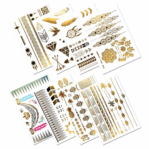 Metallic Temporary Tattoos, KissDate 150+ Henna & Boho Designs in Gold Silver Black, Fake Glitter Jewelry Tattoos- Bracelets, Necklaces, Wrist, Anklets and Armbands（8 Sheets）