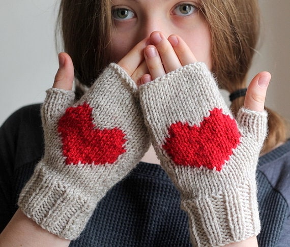 New girlfriend wearing fingerless Valentine's Day heart gloves