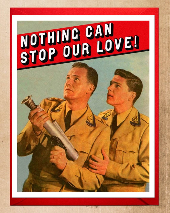 Funny Cards for a Gay Wedding: wedding card showing two men in the army with red banner with white font that says 