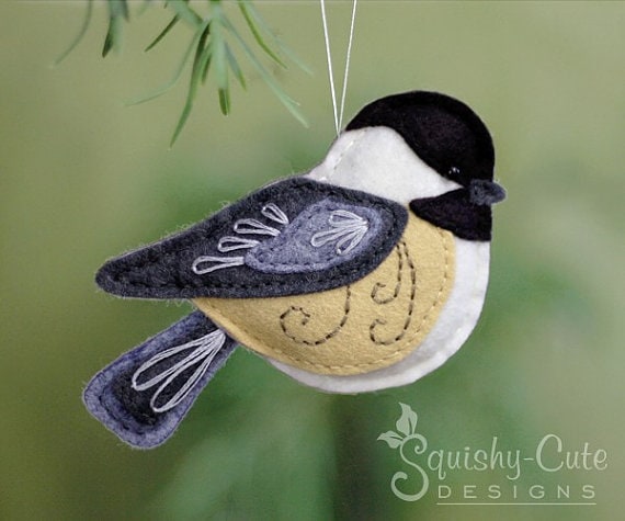 Chickadee handmade bird ornament made of felt. 