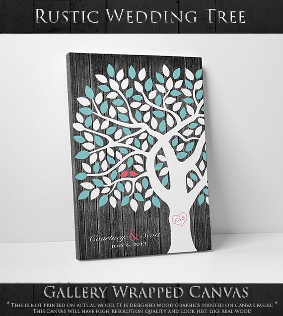 canvas with a white tree with teal, mint and white colored leaves you can sign. 