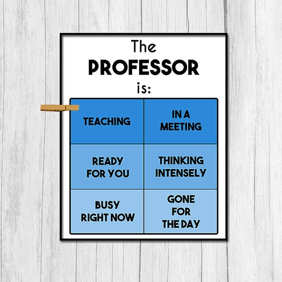 White sign with black font that says "the professor is:" with blue blocks that says teaching, in a meeting, ready for you, thinking intensely, busy right now, gone for the day. and a clothespin to place which one is true. 