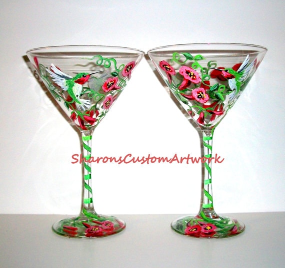 Two hummingbirds and trumpet vine hand painted Martini glasses. 