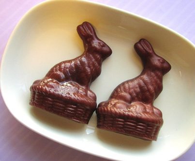 Easter Classroom Gifts for 5th Grade Students: White dish with two chocolate bunny soaps on it. 