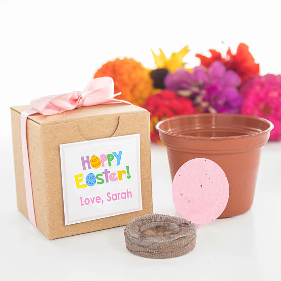Brown plant pot beside a brown box with a pink bow that says Happy Easter Love, Sarah on it. 