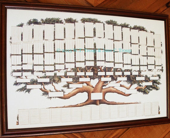 Family tree chart, large black framed white print with a large drawing of a tree and blank spots for family information to be added. 