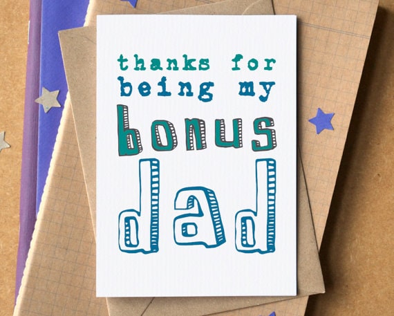 Father’s Day Gifts for My Stepdad - White card with green and blue font that says Thanks for being my bonus dad. 