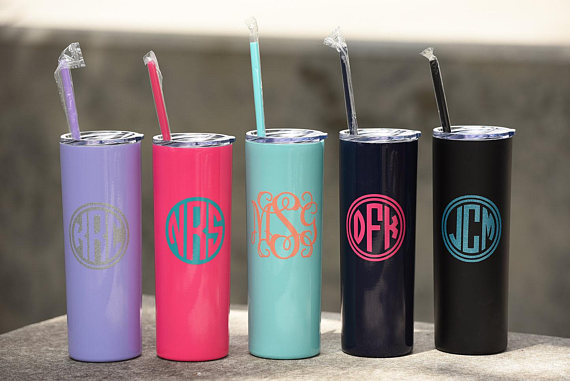 Five different colored skinny steel monogrammed cups with straws: purple, pink, teal, navy, and black shown. 