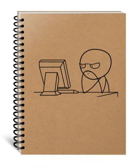 Brown notebook with black spiral. With a meme of a person looking at a computer screen. 