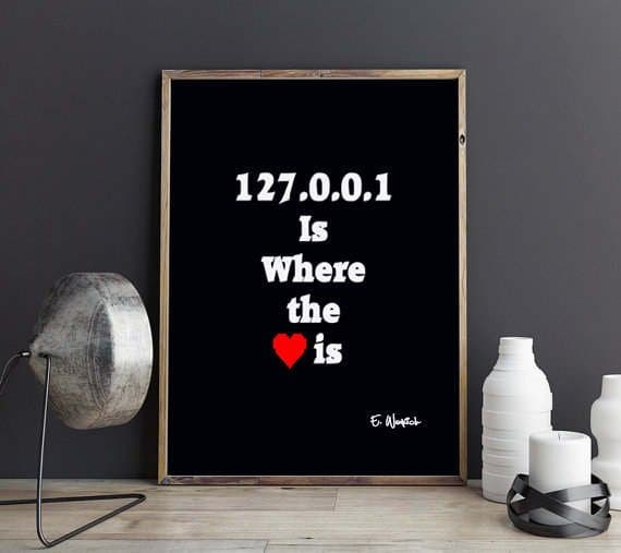 Wooden framed black sign that says 127.0.0.1 is were the heart is. 