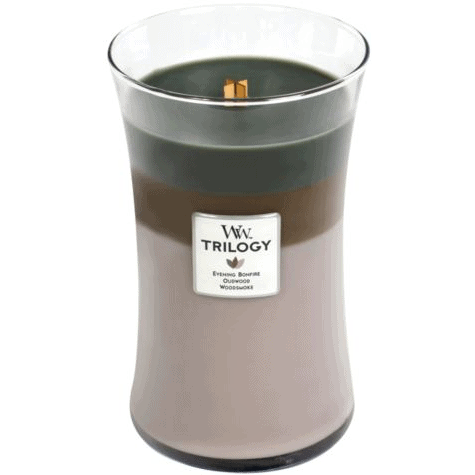 Woodwick large trilogy candle, light grey at the bottom and black at the top of wax. 