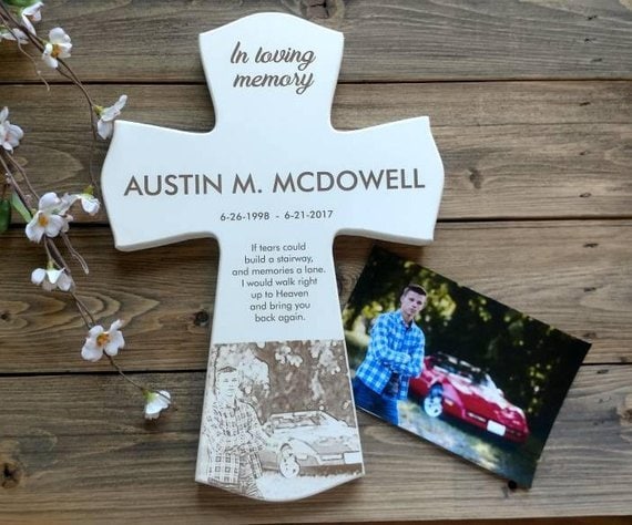 Engraved Memorial Photo Cross customized for a mom who lost a child on mother's day