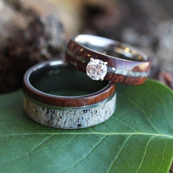 Platinum and Wood Wedding Ring Set for a 20th anniversary 